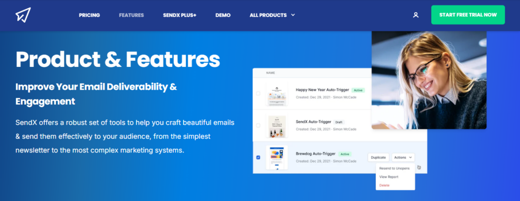 Explore the Product & Features page to enhance your email deliverability and engagement with SendX. The website includes an intuitive menu, a Start Free Trial button, and a screenshot of email options complemented by an image of a smiling person on the right side. VoiceDrop Ringless Voicemails
