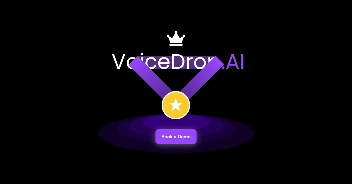 Logo with a crown above the text VoiceDrox.AI in white and purple, subtly showcasing its edge over competitors like VoiceDrop vs DropCowboy. Below is a purple medal with a yellow star and a Book a Demo button on a dark circular background. VoiceDrop Ringless Voicemails