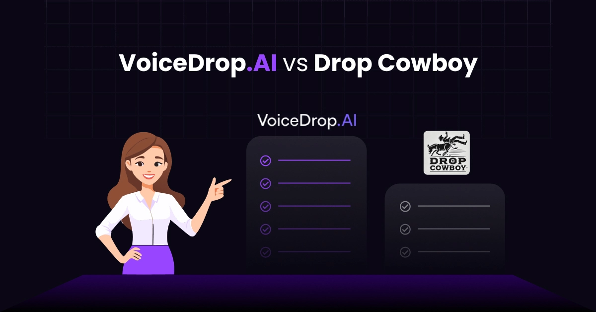 Illustration of VoiceDrop vs DropCowboy: A woman in a white shirt and purple skirt points to two lists, each with checkmarks under the respective service names. VoiceDrop.AI stands out in purple, while Drop Cowboy showcases a cowboy logo riding a horse. VoiceDrop Ringless Voicemails