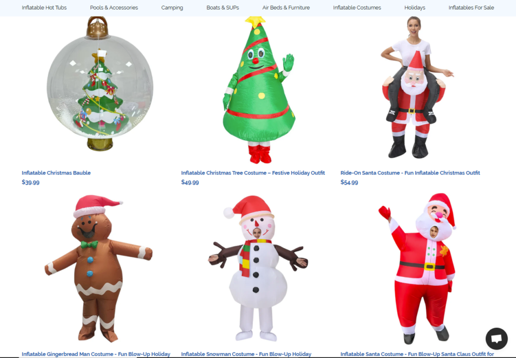 A festive grid showcases six inflatable Christmas costumes-bauble, tree, Santa on a reindeer, gingerbread man, snowman, and Santa. Perfect for holiday fun and boosting Shopify sales with prices between $39.99 and $64.99. VoiceDrop Ringless Voicemails