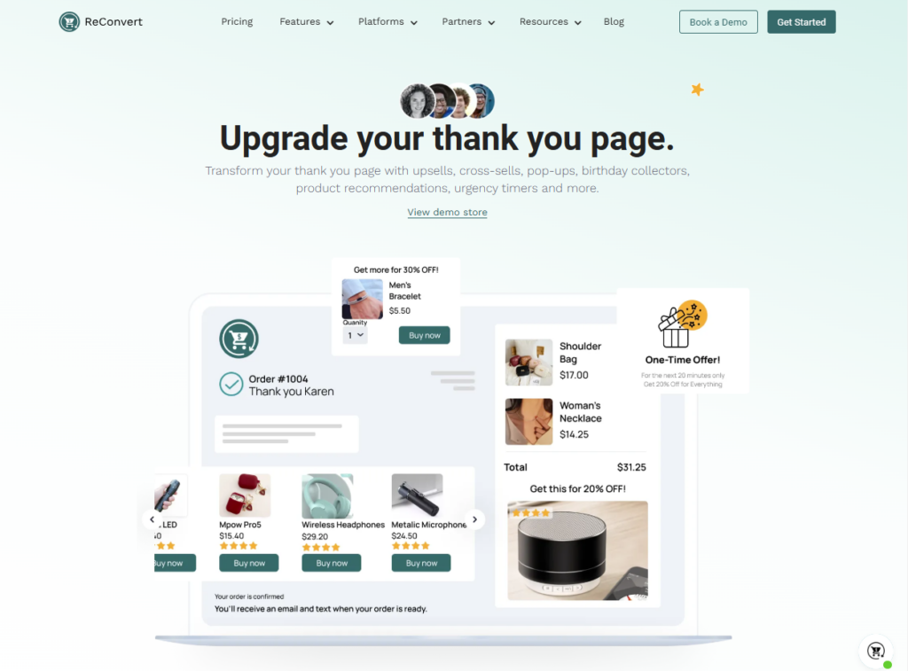 Screenshot of a webpage for ReConvert, a powerful tool designed to increase Shopify sales. It showcases customization options for thank you pages with features like promotions, cross-sells, and product recommendations. Product images with discounts and an intuitive interface are displayed on the left. VoiceDrop Ringless Voicemails