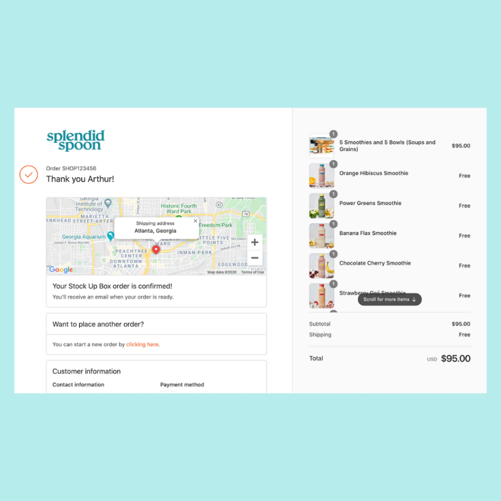 Your Splendid Spoon order confirmation is ready! View your map with a pin near Atlanta, Georgia, and confirm order SHP123456. Enjoy delicious smoothies and bowls totaling $95. Explore tools for additional orders to increase sales in your Shopify shop. VoiceDrop Ringless Voicemails