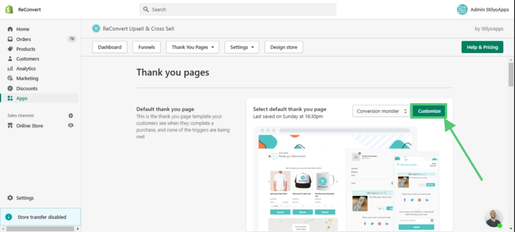 Screenshot of a webpage titled Thank you pages on the ReConvert platform, showcasing tools to increase Shopify sales. It includes navigation menus, options to set default thank you pages, and a green Customize button. The interface displays a preview of page layouts. VoiceDrop Ringless Voicemails