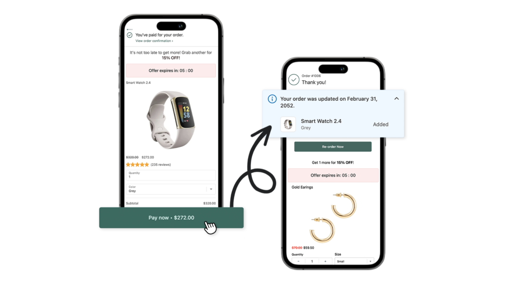 Two smartphones display shopping apps. The first phone shows a smartwatch order with a Pay now button for $272.00, highlighting tools to increase Shopify sales. The second phone confirms the order was updated for Smart Watch 2.4, expiring February 31, 2052. VoiceDrop Ringless Voicemails