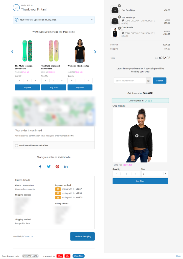 The confirmation page for your order from our online store displays order details, suggested items to boost your shopping experience, and a special birthday discount offer. On the right, theres a cart summary with the total price, plus a smiling person in a black hoodie at the bottom. VoiceDrop Ringless Voicemails