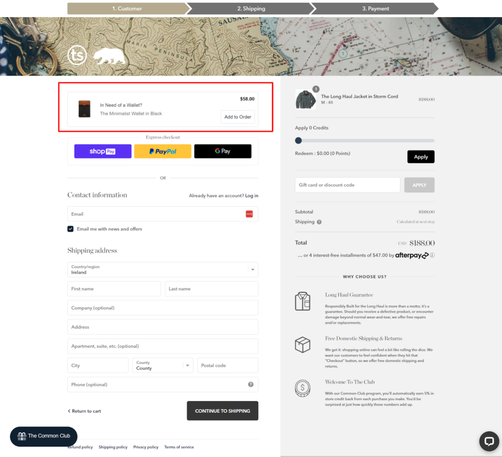 Screenshot of an online checkout page for The Minimalist Wallet in Black, priced at $58.00. With tools to boost Shopify sales, the page features multiple payment options, a shipping address form, subtotal details, and a promo code section. VoiceDrop Ringless Voicemails