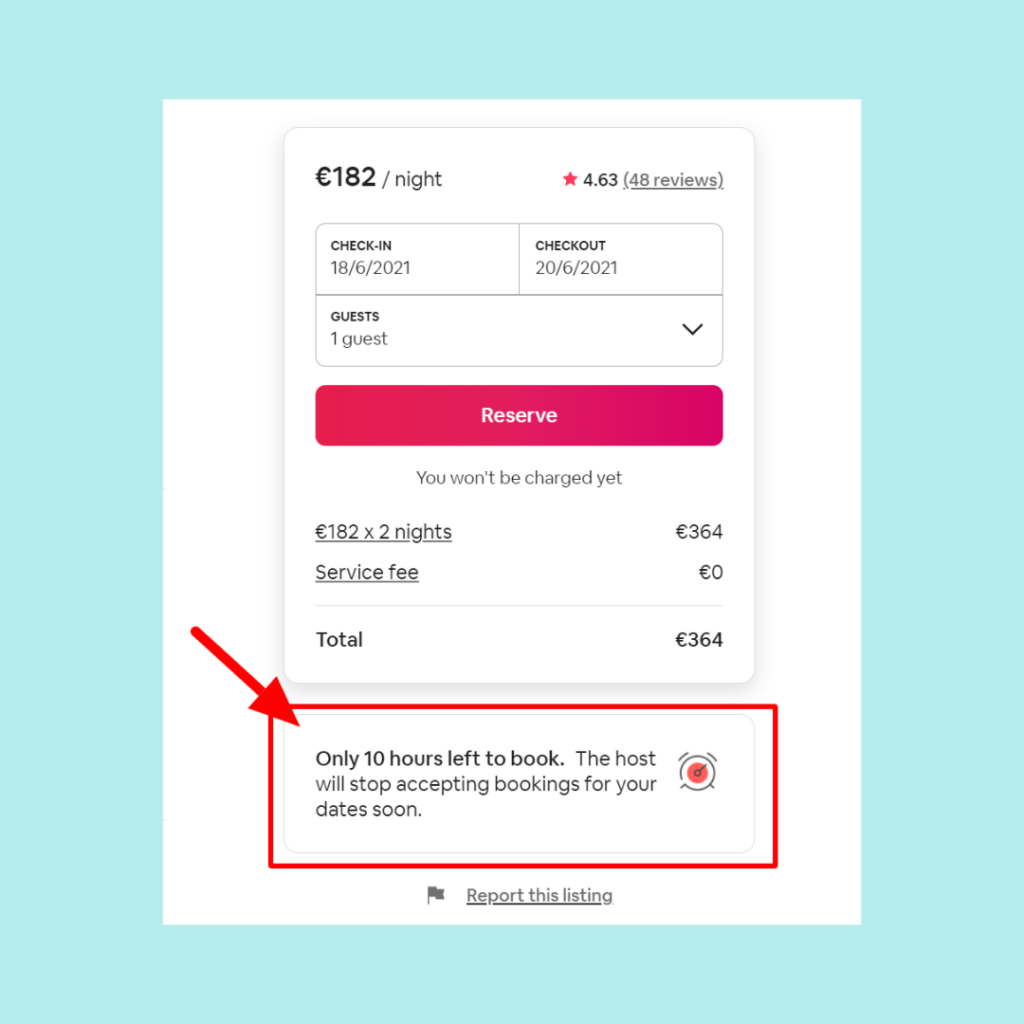 A booking interface displays a reservation summary for a stay at €182 per night. The total for two nights is €364, plus a €20 service fee. An alert warns there are only 10 hours left to book. Utilize these powerful tools to increase Shopify sales and streamline your reservations effortlessly. VoiceDrop Ringless Voicemails