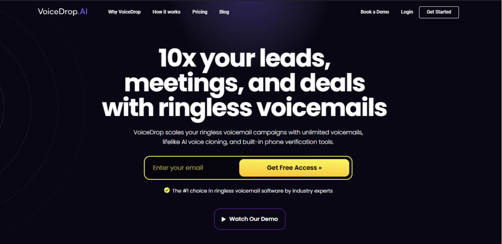Screenshot of a website homepage for VoiceDrop.AI. Main headline reads, 10x your leads, meetings, and deals with ringless voicemails. Leverage this tool to increase Shopify sales. Includes a sign-up form and buttons for demo and access. The background is dark with light text. VoiceDrop Ringless Voicemails