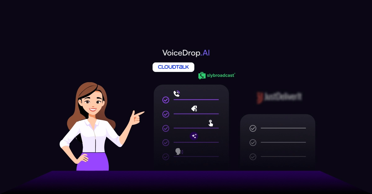 Illustration of a woman in a white top and purple skirt pointing at a list next to company logos. The list showcases icons for phone, messaging, networking, and AI, with purple checkmarks. This scene highlights the best JustDeliverIt alternatives against a dark background. VoiceDrop Ringless Voicemails
