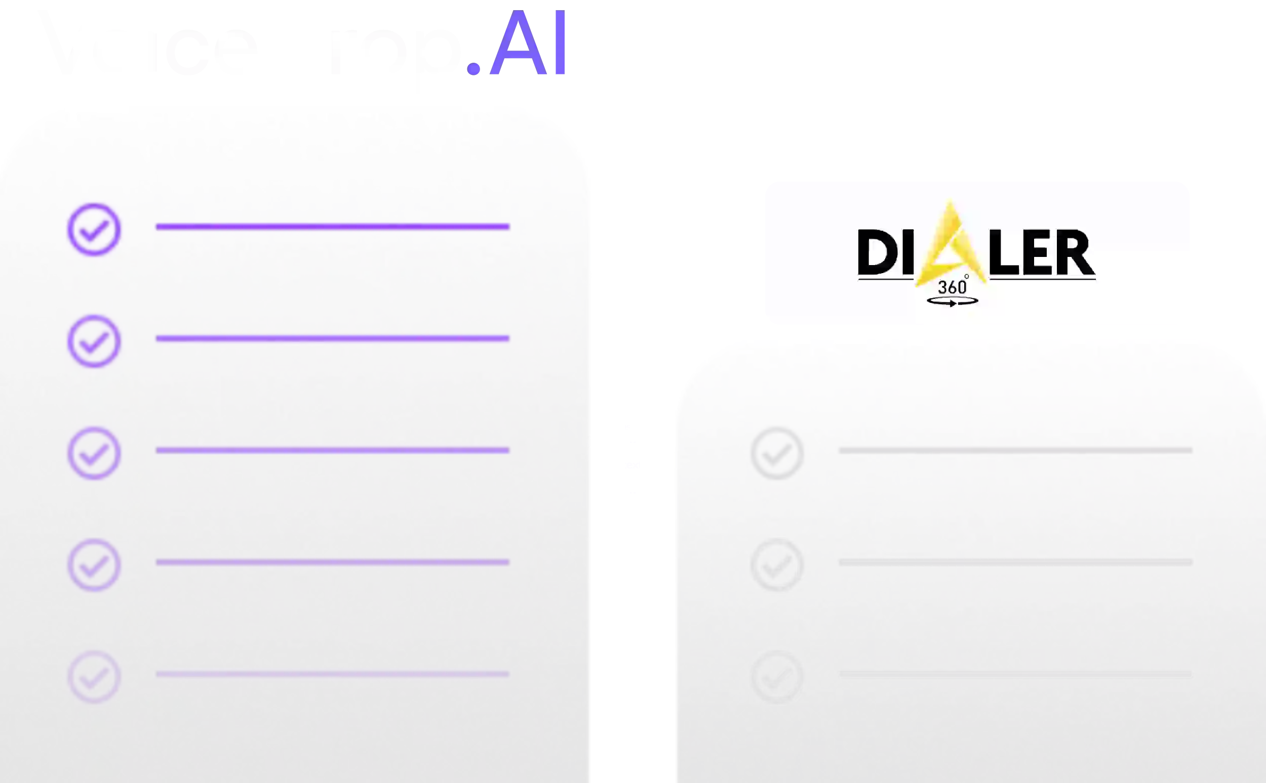 A comparison chart titled VoiceDrop vs Dialer360 showcases VoiceDrop.AI on the left with four points marked by purple checkmarks, while the Dialer360 logo on the right displays three points with gray checkmarks. Both logos are prominently featured. VoiceDrop Ringless Voicemails