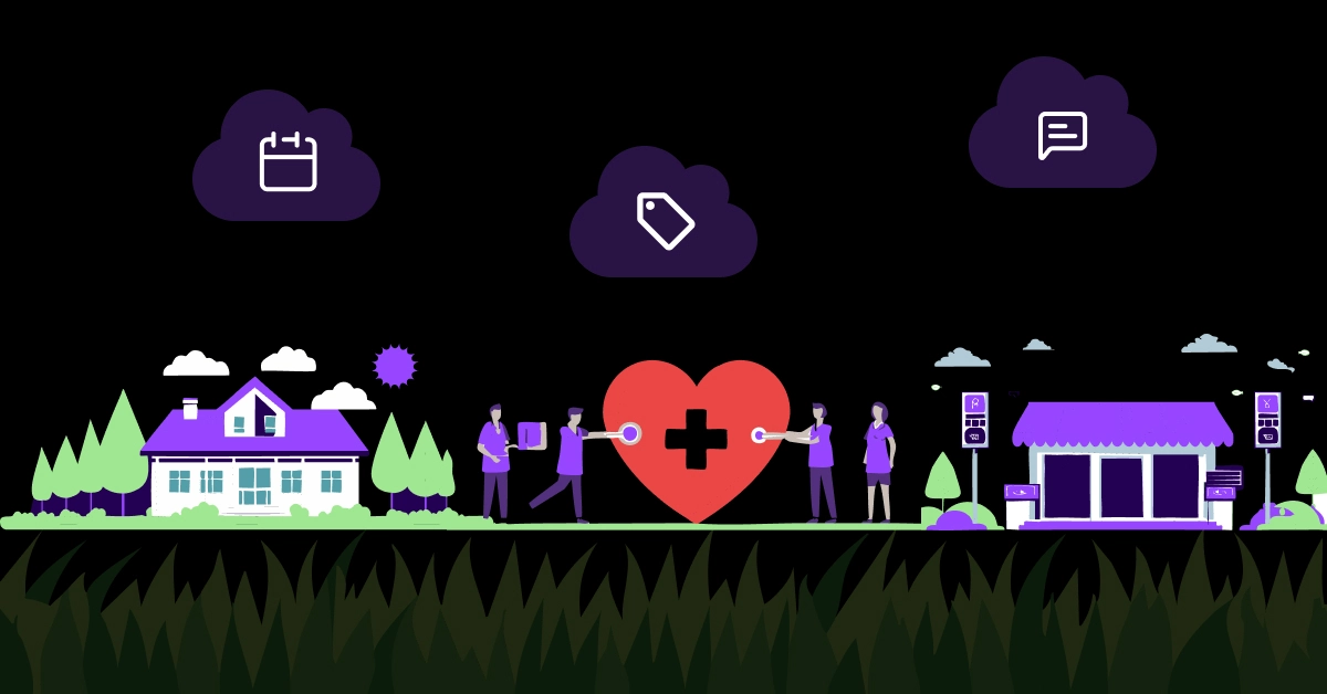 A digital illustration showcases people holding a large red heart with a medical cross, nestled between a house and a building. Purple clouds hover above, featuring icons like calendars and chat bubbles, while subtly hinting at the clarity of VoiceDrop vs. Mumble in fostering communication and organization. VoiceDrop Ringless Voicemails