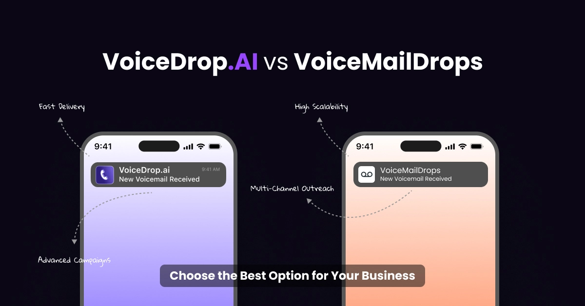 Two smartphones showcase notifications from VoiceDrop.AI and VoiceMailDrops, emphasizing features like fast delivery, multi-channel outreach, high scalability, and advanced campaigns. The text at the bottom reads, VoiceDrop vs VoiceMailDrops: Choose the Best Option for Your Business. VoiceDrop Ringless Voicemails
