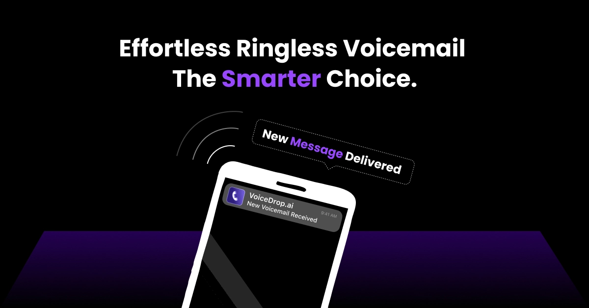 A smartphone screen displays a notification from VoiceDrop.ai indicating a new voicemail has been received. The text above reads, Effortless Ringless Voicemail: VoiceDrop vs Cord, with the word VoiceDrop highlighted in purple. VoiceDrop Ringless Voicemails