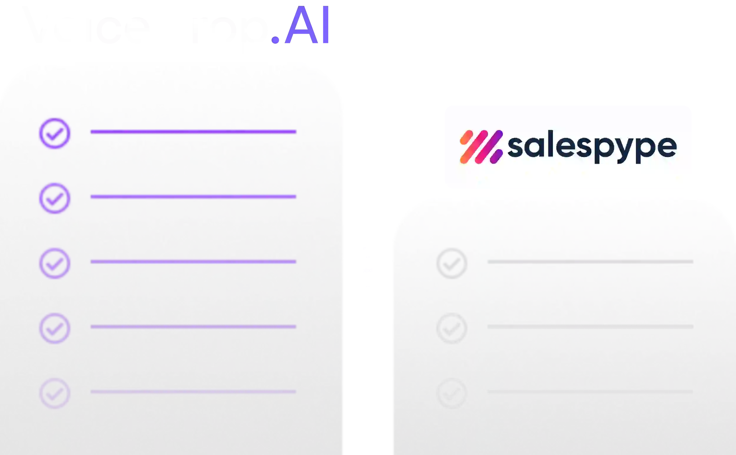Graphic featuring a comparison guide between VoiceDrop.AI and Salespype. VoiceDrop, positioned on the left, sports purple checkmarks, while Salespype on the right displays gray ones. Both lists showcase five items each with central dots for clarity. VoiceDrop Ringless Voicemails