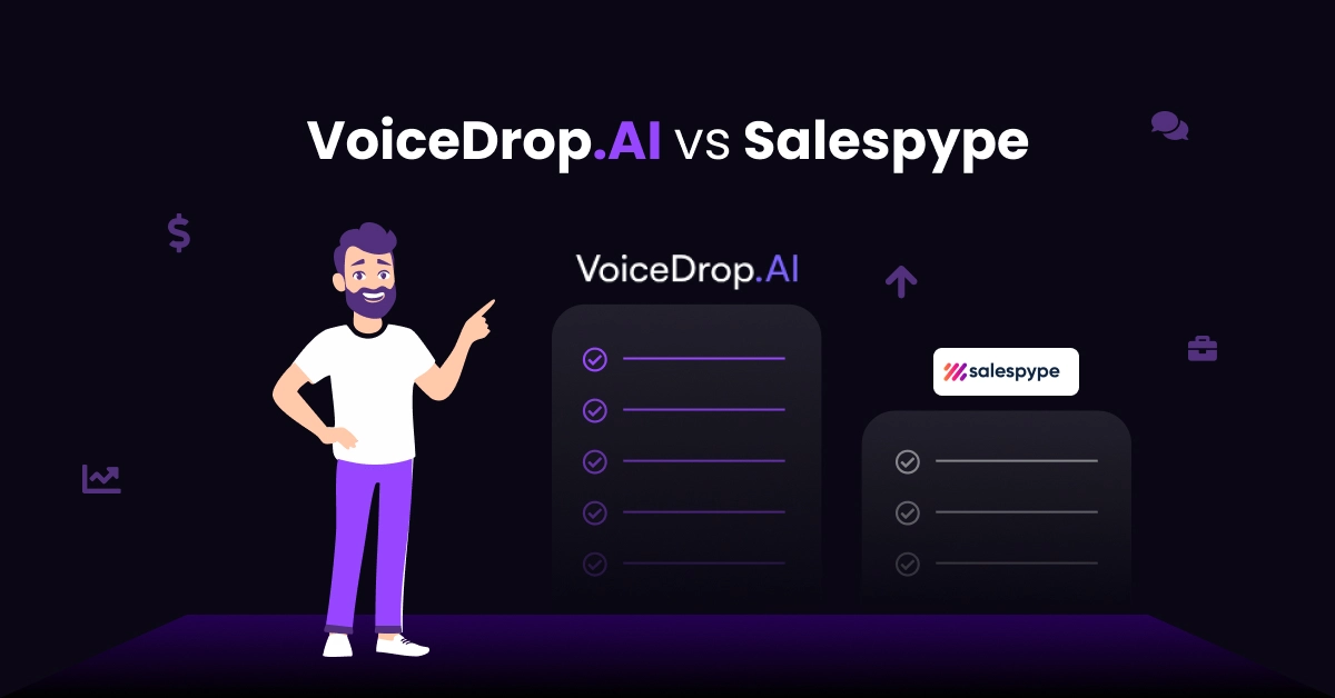 Illustration of a person pointing at a comparison chart titled VoiceDrop.AI vs Salespype. The chart, serving as a visual Comparison Guide, features check marks under VoiceDrop.AI and none under Salespype, highlighting the benefits and superiority of VoiceDrop.AI. VoiceDrop Ringless Voicemails