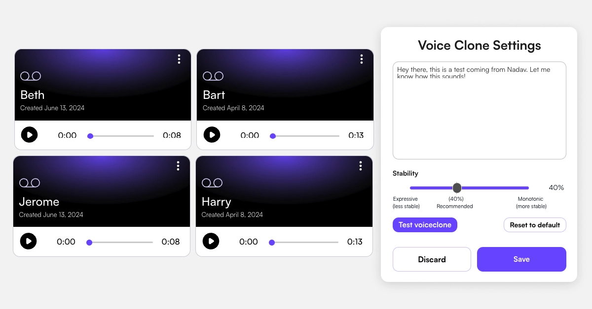An AI-voice-cloning interface featuring four audio samples named Beth, Bart, Jerome, and Harry includes play buttons and durations. On the right, a Voice Clone Settings panel offers text input, a stability slider, and buttons to test, discard, reset, and save your creations. VoiceDrop Ringless Voicemails