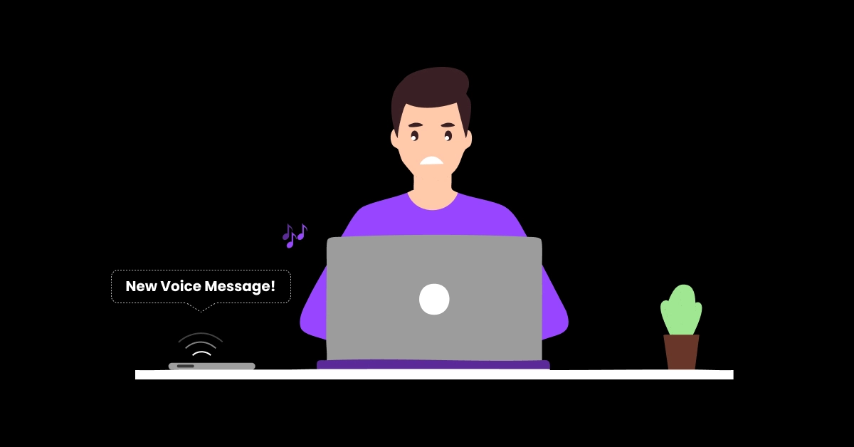 Illustration of a worried person in a purple shirt at a desk, comparing VoiceDrop vs Cord as they notice a new voice message notification on their smartphone. A potted plant sits to the right, set against a black background. VoiceDrop Ringless Voicemails