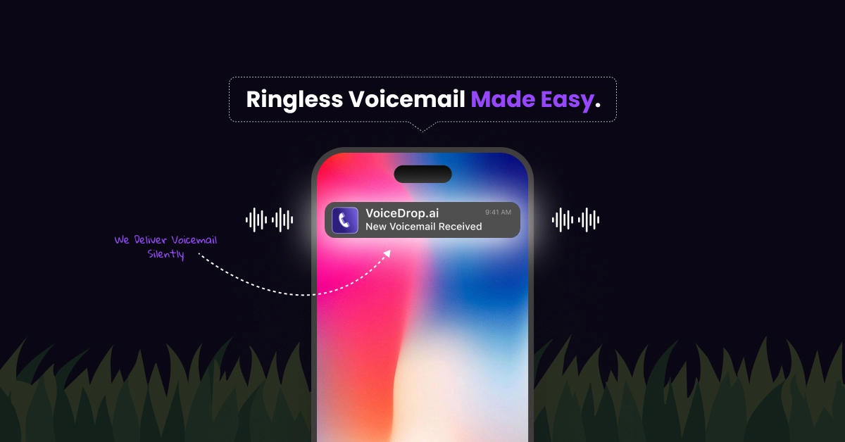 A smartphone showcases a glowing notification from VoiceDrop.ai about a new voicemail. The screen shimmers in vibrant colors with text proclaiming, Ringless Voicemail Made Easy. Sound wave graphics enhance the display, painting a clear picture of why its VoiceDrop vs Cord. VoiceDrop Ringless Voicemails