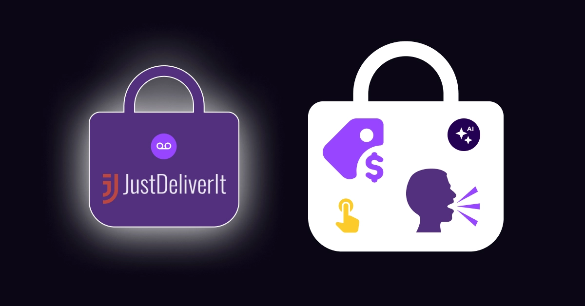 Illustration of two shopping bag icons. The left bag is purple with JustDeliverIt in orange and white text, highlighting its uniqueness among the best alternatives. The right bag is white with purple icons, featuring a price tag, head with speech, AI symbol, and a click hand. VoiceDrop Ringless Voicemails