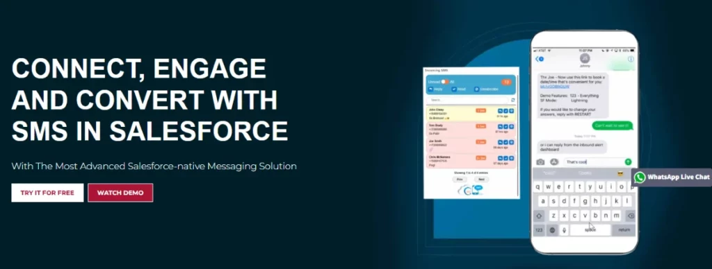 A promotional image for a messaging solution in Salesforce highlights the benefits of Connect, Engage, and Convert with SMS in Salesforce. It showcases screenshots of messaging interfaces on various devices. Discover how Voicedrop vs 360smsapp enhances your strategy. Buttons read Try It for Free and Watch Demo. VoiceDrop Ringless Voicemails
