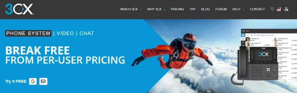 A skydiver in an orange suit soars through the sky alongside a large phone system graphic. The text reads, 3CX Phone System | Video | Chat. Break free from per-user pricing—a top choice among Best Dialer360 Alternatives. Options to try for free with Google or email are shown. VoiceDrop Ringless Voicemails