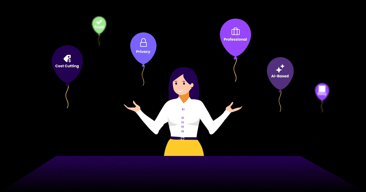 Illustration of a person juggling balloons labeled with Cost Cutting, Privacy, Professional, and AI-Based. The person dons a white shirt and yellow pants, highlighted against a black backdrop, showcasing the balance needed alongside exploring the best Mumble alternatives. VoiceDrop Ringless Voicemails