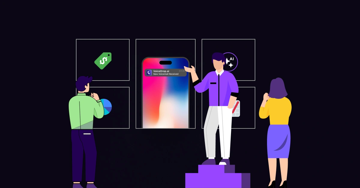 A stylized illustration shows a person on a small platform pointing at a large smartphone displaying a notification, suggesting the best cord alternatives. Two others stand nearby, examining icons depicting a price tag and AI symbol. The background is dark. VoiceDrop Ringless Voicemails