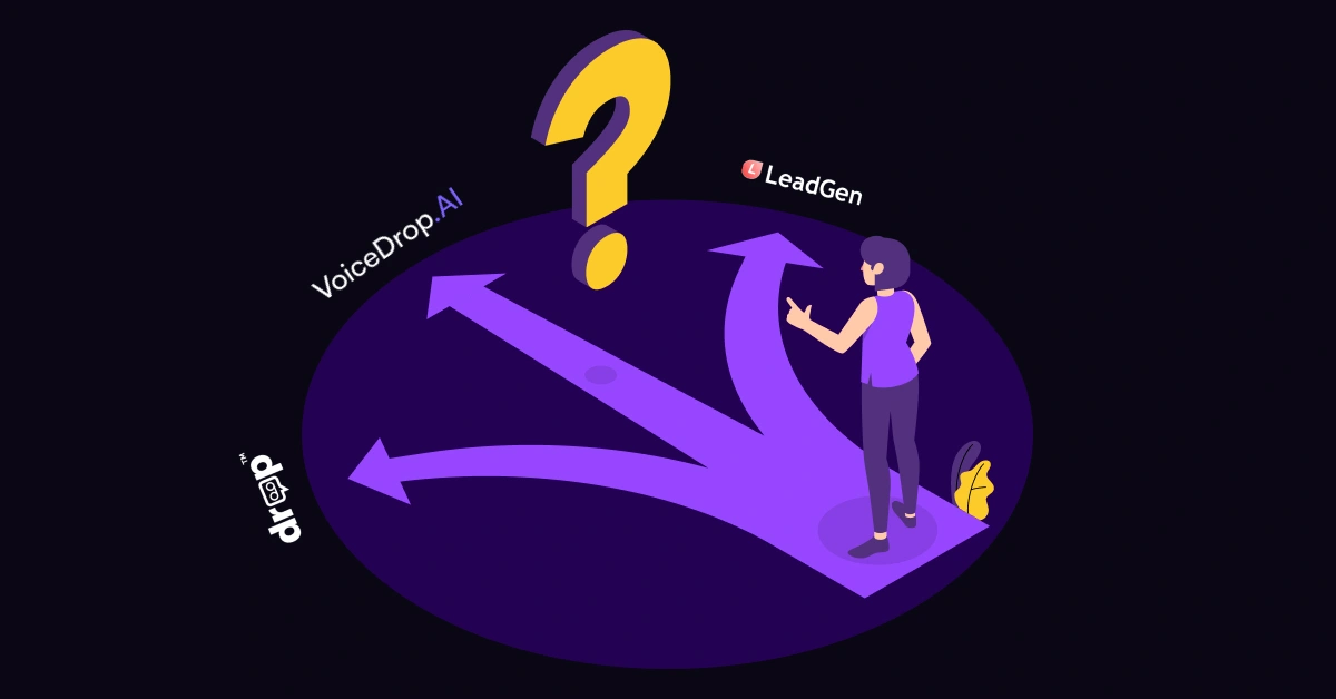 A person stands at a three-way path intersection, a large question mark overhead. The paths are labeled: VoiceDrop AI, LeadGen, and drip. As they ponder which direction to take, they consider the best voicemail drops alternatives for their journey. VoiceDrop Ringless Voicemails