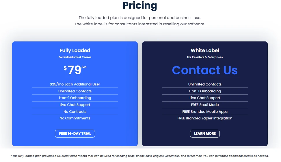 Discover our Salespype pricing options. On the left, Fully Loaded is just $79/month, featuring unlimited contacts, 1-on-1 onboarding, live chat support, no contracts, and a free 14-day trial. On the right, White Label invites you to contact us for details on unlimited features and branded options. VoiceDrop Ringless Voicemails