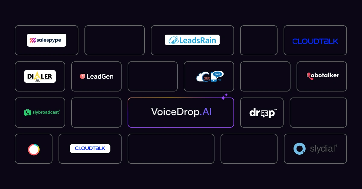 A dark grid showcases rectangular boxes featuring various company logos: salespype, LeadsRain, CLOUDTALK, DIALER, LeadGen, Drop, LeadVoice, syntocardash, VoiceDrop.AI, and slydial. Each logo is neatly placed within its own box—highlighting some of the best Voicemaildrops alternatives. VoiceDrop Ringless Voicemails