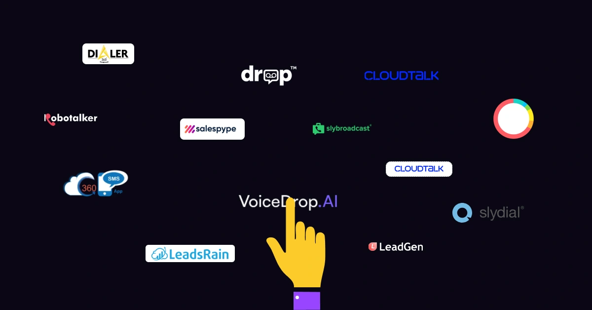 A dark background showcases logos of various communication platforms like Drop, CloudTalk, Salespype, and LeadsRain. In the center, a hand icon points to the VoiceDrop.AI logo—highlighted as one of the best cord alternatives for seamless connectivity. VoiceDrop Ringless Voicemails