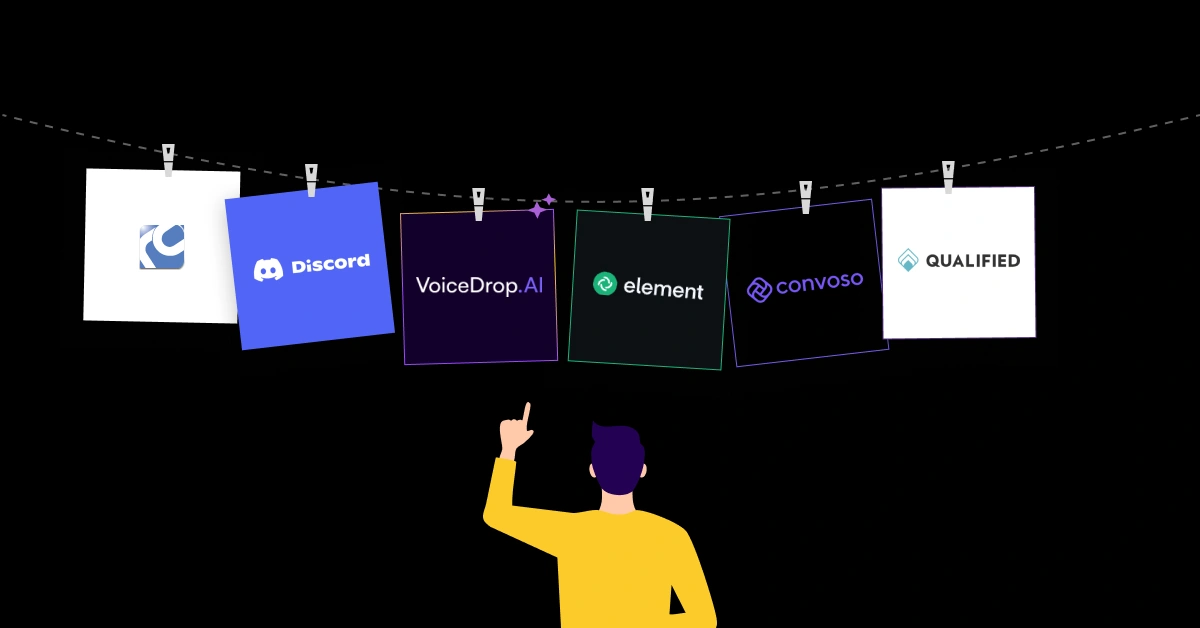 A person in a yellow shirt points at a row of hanging cards against a black background, showcasing logos and names like Discord, VoiceDrop.AI, element, convoso, and QUALIFIED—some of the best Mumble alternatives available today. VoiceDrop Ringless Voicemails