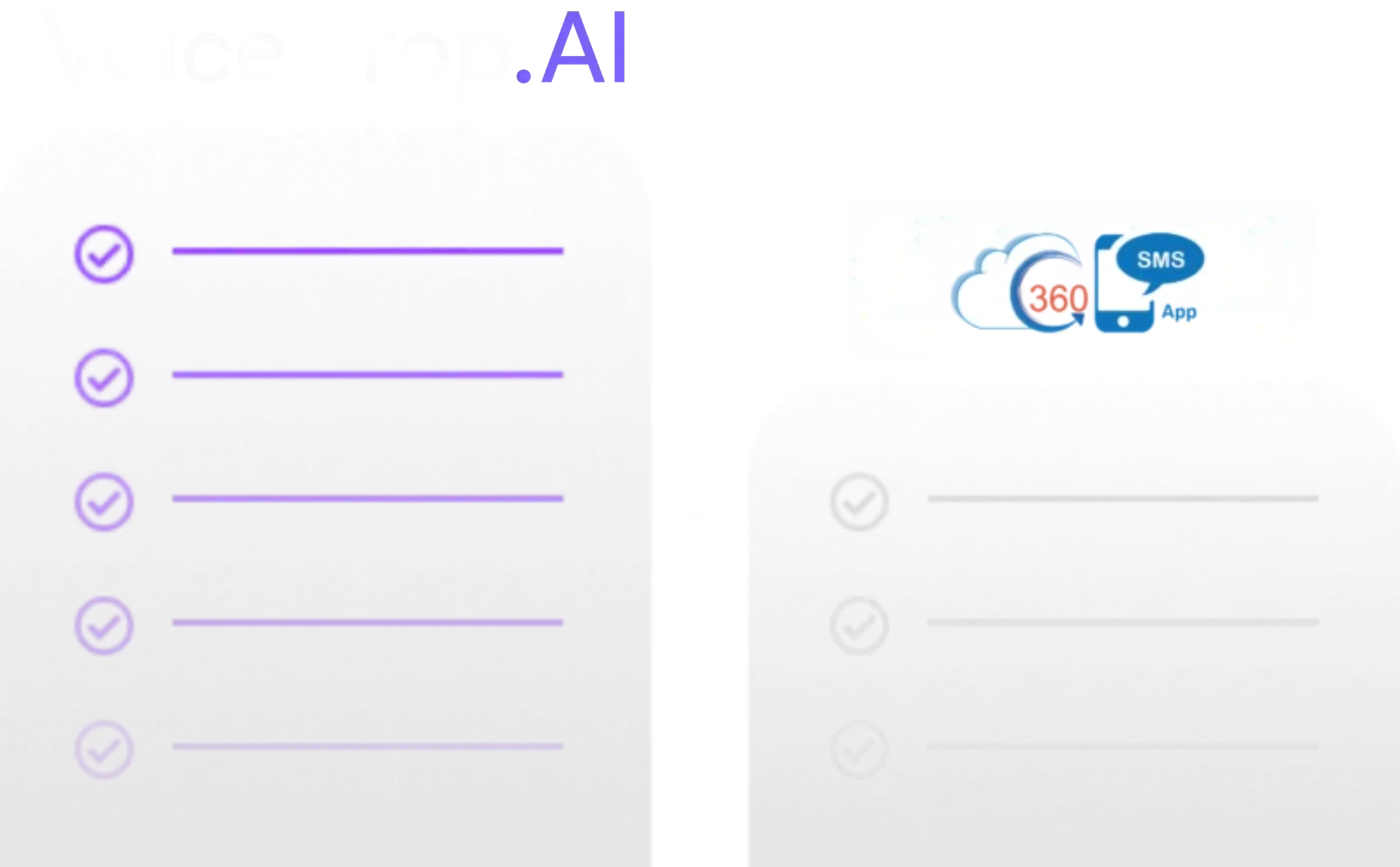 A split-screen showcases a Voicedrop vs 360smsapp comparison. On the left, the VoiceDrop.AI interface displays checkmarks and text lines, while on the right, the 360smsapp features cloud and phone icons labeled 360, accompanied by checkmarks and text lines. VoiceDrop Ringless Voicemails