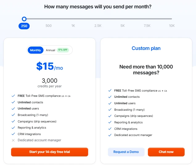 Call Loop pricing: On the left, a monthly plan at $15 for 3,000 credits, with perks like unlimited contacts and campaigns. On the right, a custom plan caters to over 10,000 messages-a demo or chat option available to tailor your needs. VoiceDrop Ringless Voicemails