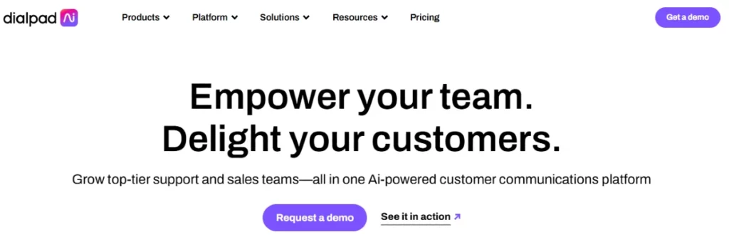 A webpage with the text: Empower your team. Delight your customers. It promotes an AI-powered customer communications platform, highlighting it as one of the best Dialer360 alternatives. Buttons for Request a demo and See it in action are displayed. VoiceDrop Ringless Voicemails