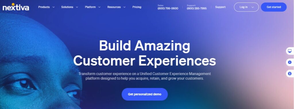 The website homepage features a blue and purple gradient background with the text Build Amazing Customer Experiences. Discover options for sales and support contact numbers. Explore Best Dialer360 Alternatives, or click Get personalized demo, Support, Log in, and Get started. VoiceDrop Ringless Voicemails