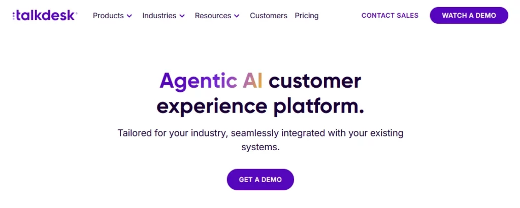 The Talkdesk webpage features a headline: Agentic AI customer experience platform. It details industry integration and suggests exploring the best Dialer360 alternatives. A purple GET A DEMO button stands out, while the top navigation offers sections for products, industries, resources, and more. VoiceDrop Ringless Voicemails