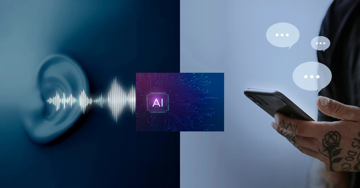 An ear with sound waves, a central AI chip symbol, and a person texting on a phone with chat bubbles. The image suggests AI Call Center Agents processing sounds and text messages. The background features a gradient of blue tones. VoiceDrop Ringless Voicemails