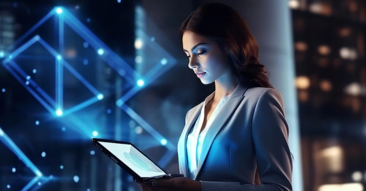 A woman in a suit holds a tablet, illuminated by a blue glow. She stands in an office with digital graphics of connected nodes in the background, echoing a tech-focused environment attentive to AI call routing. VoiceDrop Ringless Voicemails