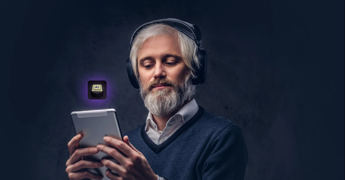 A bearded man with headphones is focused on a tablet, standing against a dark gray background. A glowing AI icon hints at cutting-edge technology like AI call routing, suggesting his deep connection to artificial intelligence and digital tech. VoiceDrop Ringless Voicemails