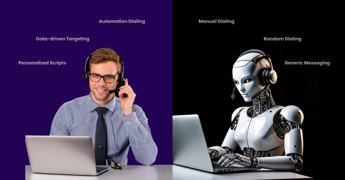 Split image: On the left, a human in a headset using a laptop, with annotations Personalized Scripts and Data-driven Targeting. On the right, a robot at a laptop labeled Manual Dialing and Generic Messaging—highlighting the evolution from traditional methods to advanced AI Cold Calling techniques. VoiceDrop Ringless Voicemails