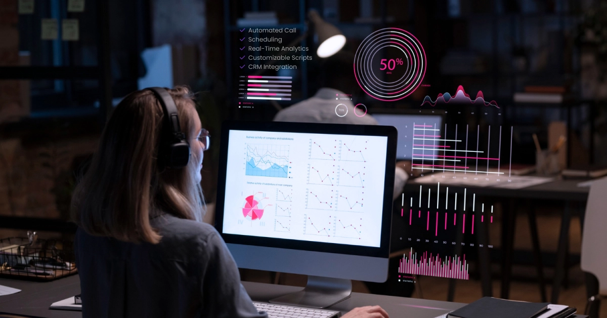 A person wearing headphones sits at a desk with a computer displaying various graphs and charts. Above the screen, futuristic digital visuals, including AI analytics and cold calling statistics, are superimposed, highlighting an advanced analysis environment. VoiceDrop Ringless Voicemails