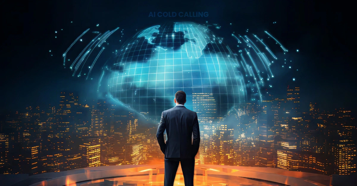 A person in a suit stands on a platform overlooking a cityscape at night. In front of them is a glowing, digital globe with network lines and dots, suggesting AI-driven global connectivity. The scene conveys a futuristic, high-tech atmosphere reminiscent of advanced cold calling technologies. VoiceDrop Ringless Voicemails