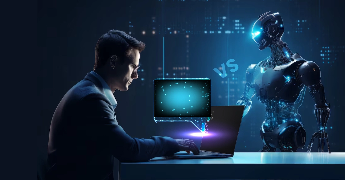 A man sits at a desk using a laptop, engaged with a humanoid robot. A glowing speech bubble between them signifies interaction through conversational AI agents. The backdrop is a dark cityscape with illuminated buildings, evoking a futuristic ambiance. VoiceDrop Ringless Voicemails