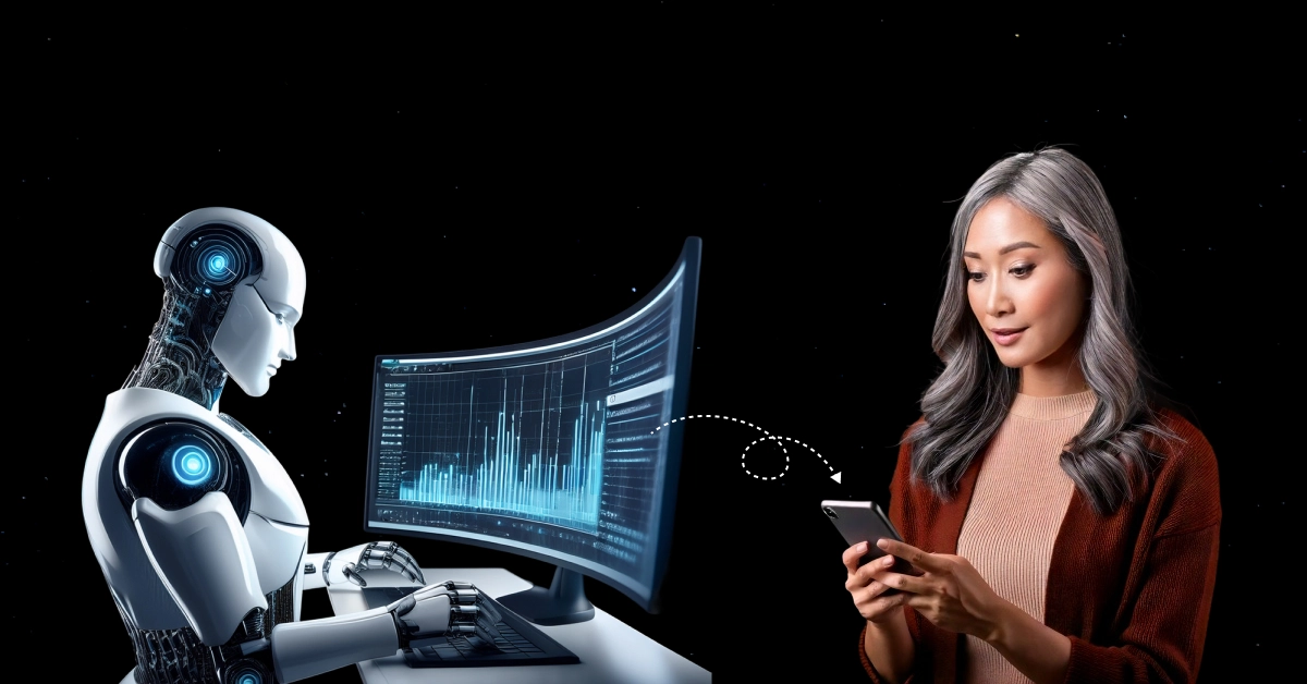 A humanoid robot types at a curved computer monitor displaying graphs. A woman with long hair stands nearby, engaging with conversational AI agents on her smartphone. A dotted line connects the screen to her phone, suggesting data transfer. The background is black. VoiceDrop Ringless Voicemails