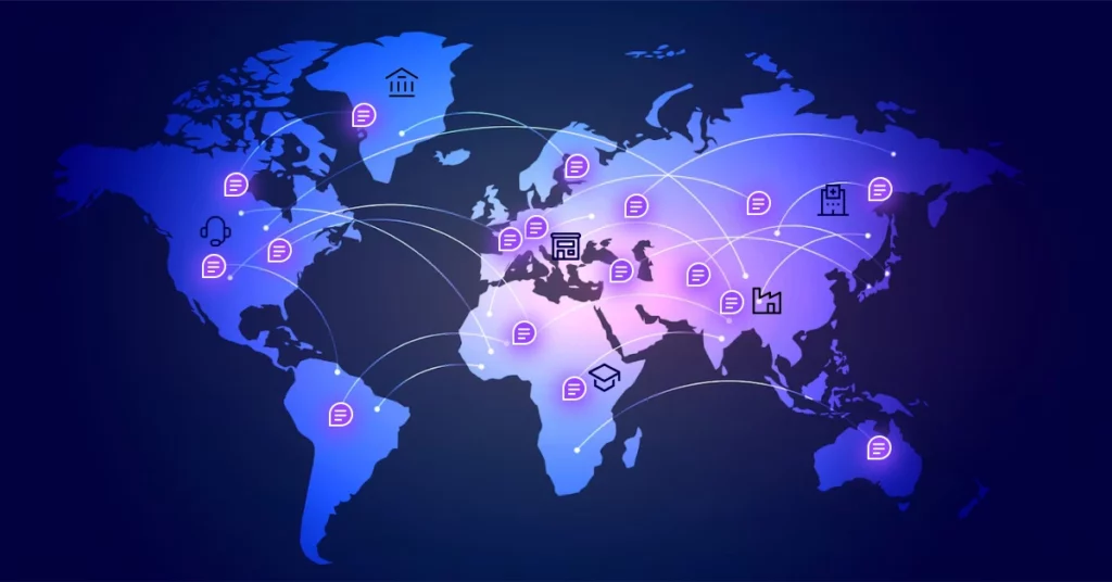 A digital world map with icons representing global finance and communication. Lines connect various continents, highlighting connections. Icons include music, a bank, documents, books, a factory, and emails on a blue and purple gradient background featuring conversational AI agents subtly interacting across the map. VoiceDrop Ringless Voicemails