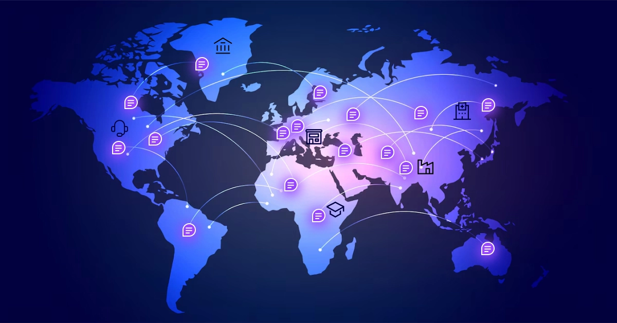 A digital world map with icons representing global finance and communication. Lines connect various continents, highlighting connections. Icons include music, a bank, documents, books, a factory, and emails on a blue and purple gradient background featuring conversational AI agents subtly interacting across the map. VoiceDrop Ringless Voicemails