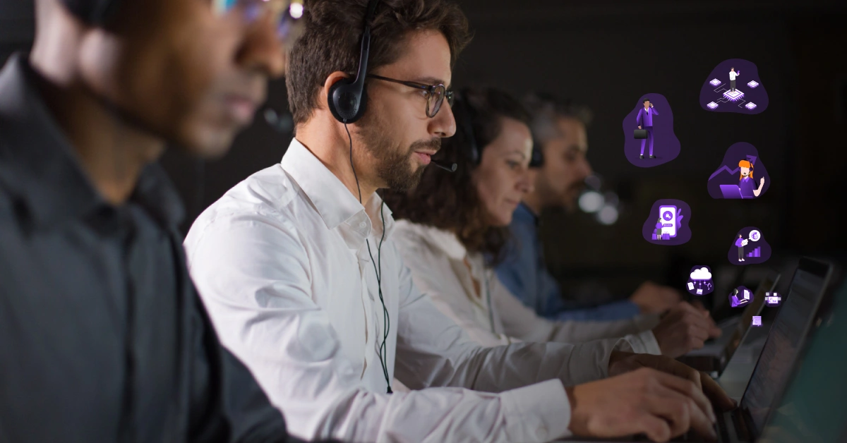 Four people wearing headsets work at computers in a dimly lit office. Digital icons such as clouds, graphs, and gear symbols float beside them, highlighting the Interactive Voice Response systems integral to this technological or customer support environment. VoiceDrop Ringless Voicemails