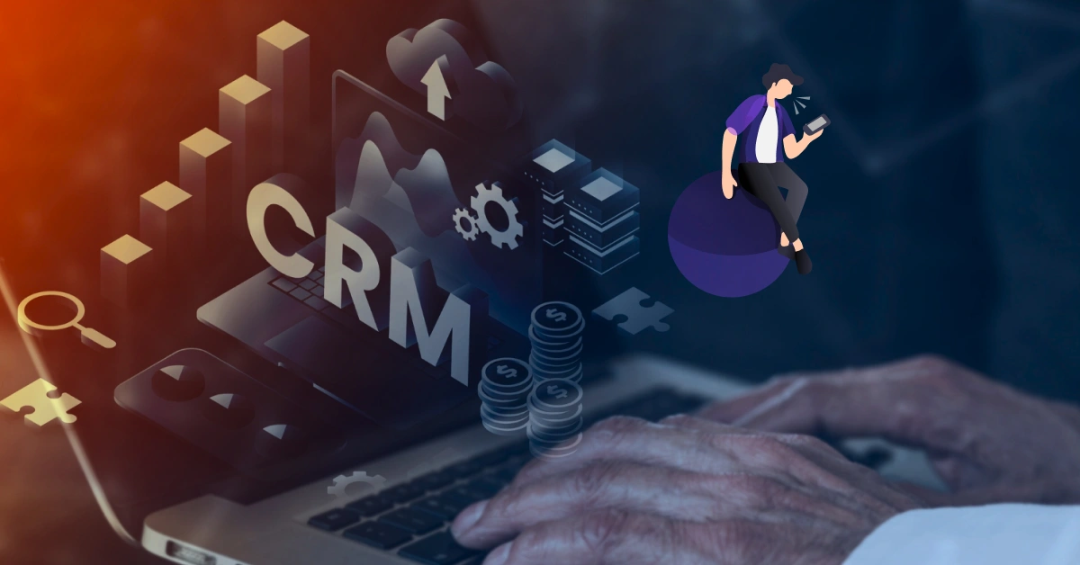 Hands typing on a laptop keyboard while floating graphics of a CRM interface enhance the scene, including charts, gears, and a magnifying glass. A person sits on a data sphere as Interactive Voice Response icons weave through the gradient background. VoiceDrop Ringless Voicemails