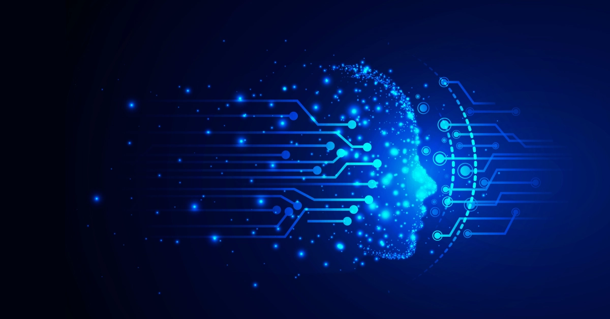 A digital illustration of a human head profile, crafted with blue circuit lines and glowing dots on a dark background, symbolizes AI-powered virtual agents and seamless technology integration. VoiceDrop Ringless Voicemails
